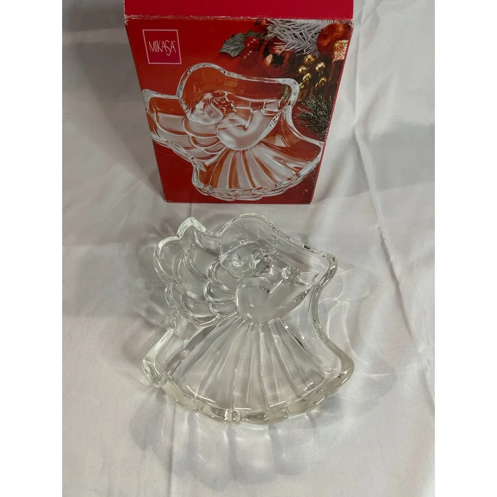 Mikasa Crystal Angel Candy Dish Clear Frosted Glass Christmas‎ Holiday Decor Box